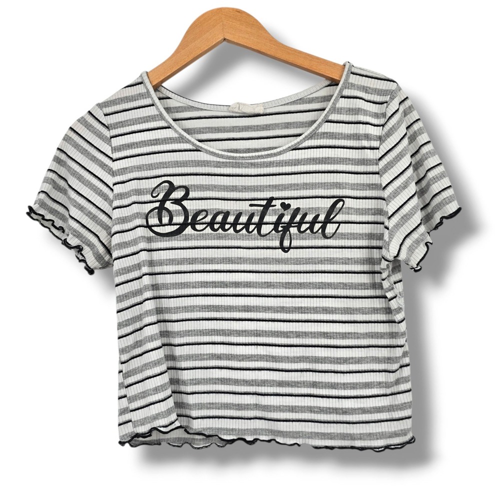 Rebel Society Women Striped Beautiful Graphic Lettuce Trim Ribbed Crop Top Large